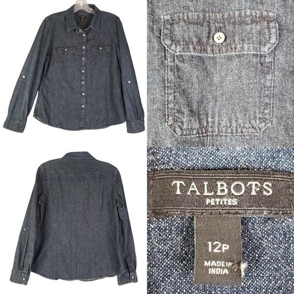 Talbots Shirt Size 12p Denim Long Sleeve Button Down Pockets Chambray Cotton - Picture 1 of 8